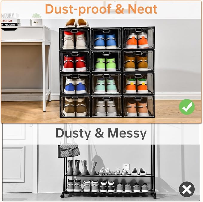INSTY 12 Pack Large Shoe Storage Box, Clear Shoe Storage Organizer with Magnetic Door, Stackable,Shoe Containers For Display Sneakers, Easy Assembly, Fit up to US Size 12, Transparent