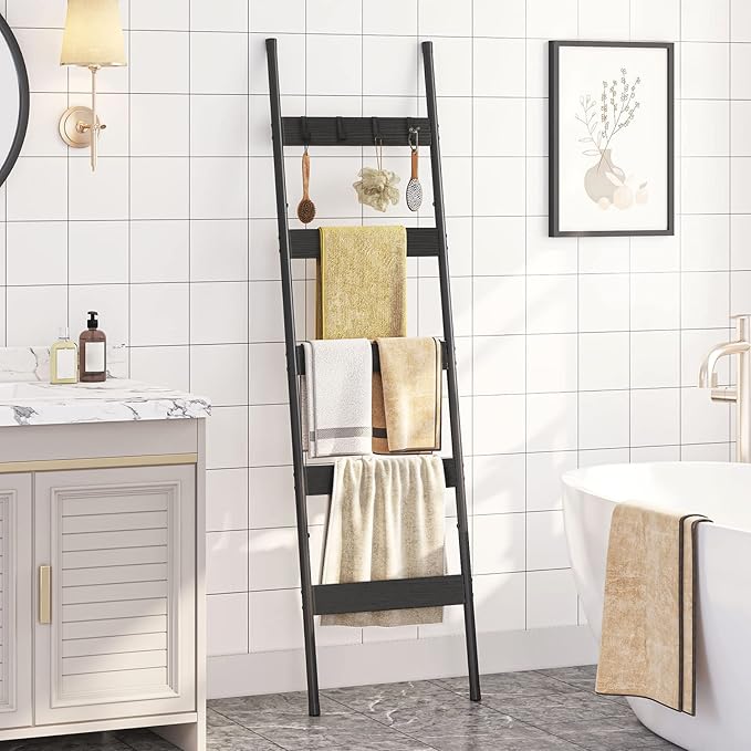 HOOBRO Blanket Ladder, 5-Tier Towel Rack with Hooks, Wall-Leaning Blanket Rack, Decorative Display Ladder Shelf, Scarves, Industrial, Living Room, Bedroom, Black BB52CJ01