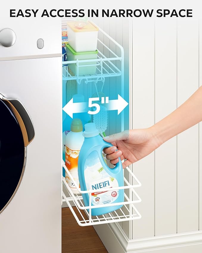 Nieifi 2 Tier Magnetic Shelves for Washing Machine, Magnetic Spice Rack for Refrigerator, Laundry Room & Kitchen Organizer Storage Baskets, White