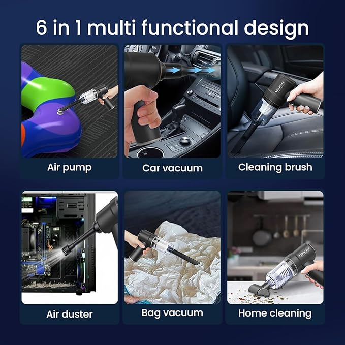 VIMALIFE 10000Pa Cordless Car Vacuum Cleaner & Air Duster, Powerful Handheld Auto Vacuum, 42000RPM Motor, LED Light, Type-C Fast Charge, Washable Filter, 5 Multi-Nozzles for Home, Car, Pet Hair, Black