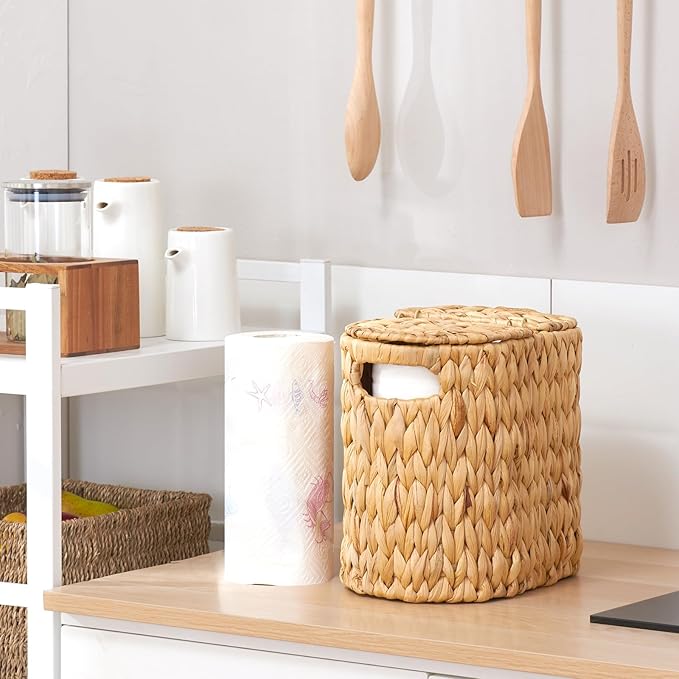ELONG HOME Toilet Paper Basket with Lid, Water Hyacinth Wicker Toilet Paper Storage Holder for 4 Rolls, Toilet Paper Storage for Bathroom