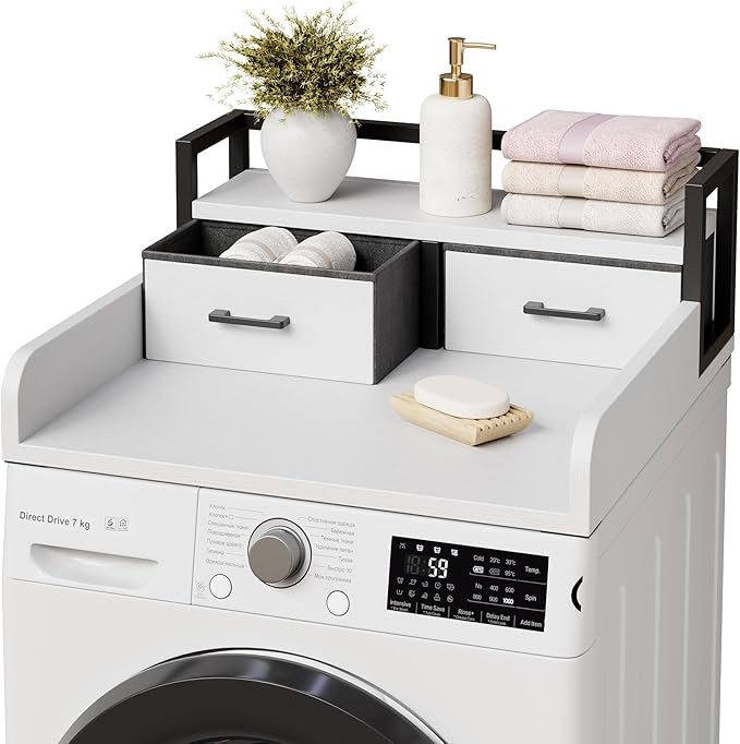 2-Tier Washer Dryer Countertop, Washing Machine Countertwith Shelf and 2 Drawers, Washer and Dryer Topper with High Guardrails, Smooth Edges, for Laundry Hamper Counter Storage Organization