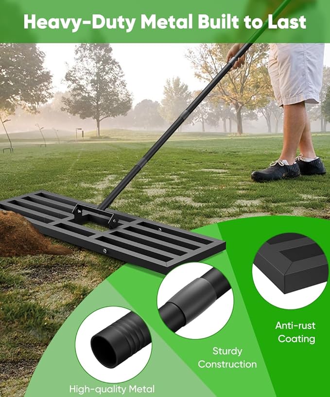44x10 inch Lawn Leveling Rake, Upgraded Lawn Leveler Tool Heavy Duty Reinforced Connection, Garden Rake with Adjustable Long Handle, Ground Leveler for Yard Smoothing Soil Grass Dirt Sand