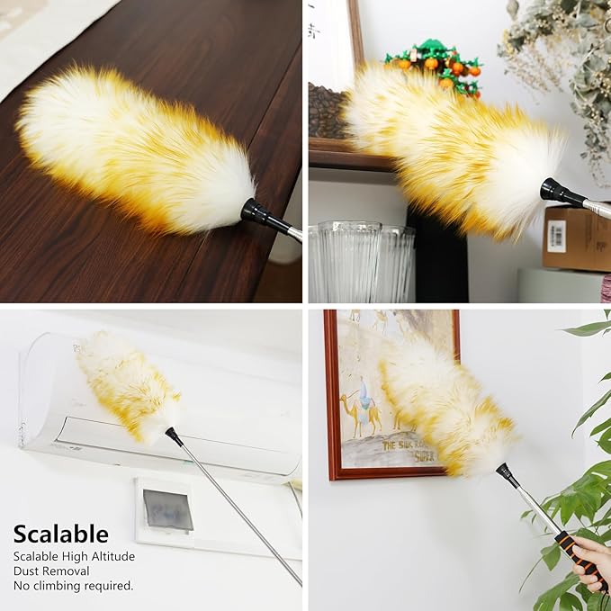 Lambswool Extendable Cleaning Duster 26-64 Inch, Anti-Static Wall Duster Cleaner with Sponge Grip and Stainless Steel Extension Pole for High Ceiling Fan, Interior, and Roof Dusting - Yellow & White