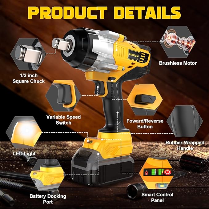 Cordless Impact Wrench Compatible with DeWalt 20V Battery: 1/2 Inch Hog Ring Impact Driver - High Torque - 2300N.m/1700Ft-lbs Cordless Impact Gun - Brushless Motor with LED Light - Tool Only