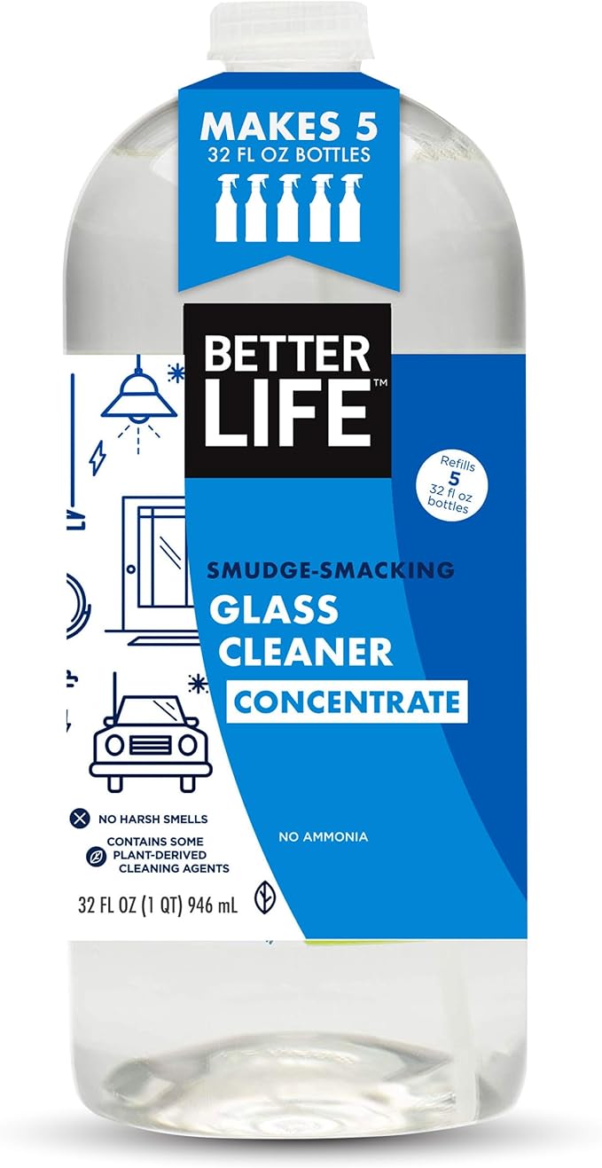 BETTER LIFE Glass Cleaner Concentrate - Streak-Free Window Cleaner for Home, Kitchen, Bathroom, Shower, Car - Works on Glass, Windows, Mirrors, Light Fixtures - 32oz Unscented