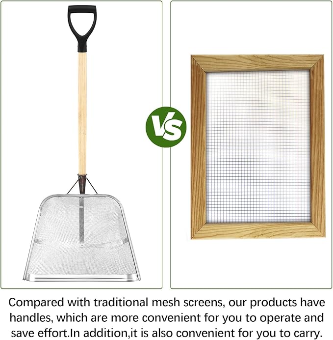 Leaking Soil Shovel Filter 0.08 Inch/ 2 mm Mesh 43.3''L Chicken Poop Scooper Stainless Steel Sieve Sifting Shovel with D Grip Wood Handle for Gardening Farm Chicken Coop Goat Stall