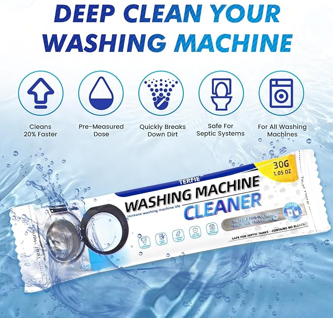 Washing Machine Cleaner Pre-Portioned Powder Tablets for Top Load & Front Load Washers, Odor-Removing, Detergent-Buildup Dissolving, Easy-Dissolve Maintenance Cleaner-12 Pack