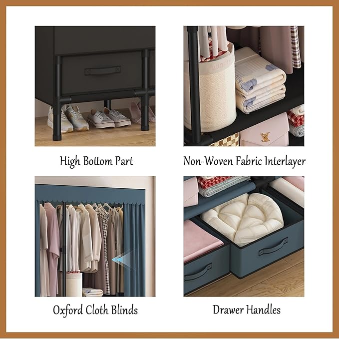 Portable Closet,Garment Rack,Heavy Duty Clothes Rack with Cover,Wardrobe Closet with 3 Hanging Rods, 9 Storage Shelves,55.1" L x 17.7" W x 67.7" H,Black