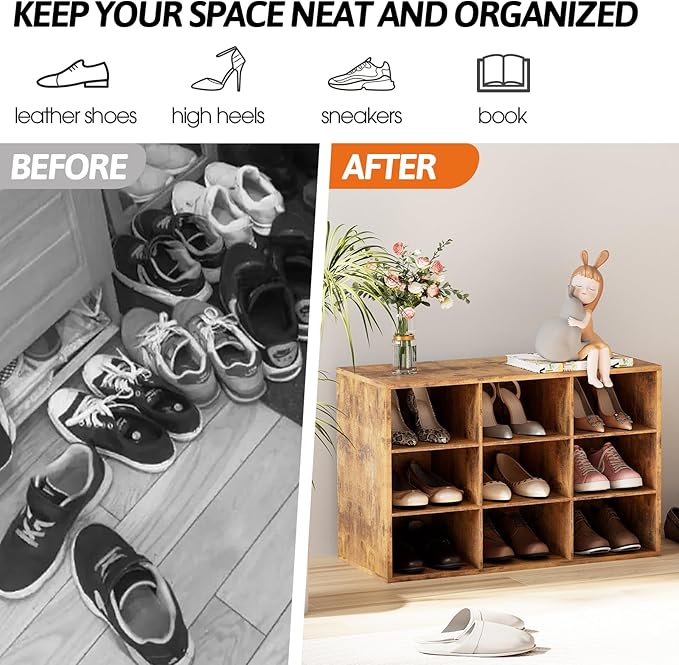 Garden 4 you Shoe Storage Bench, Cubby Shoe Rack with 9 Cubbies, 3-Tier Wood Shoe Rack Organizer, Shoe Organizer Cabinet for Entryway, Hallway, Closet and Garage, Brown