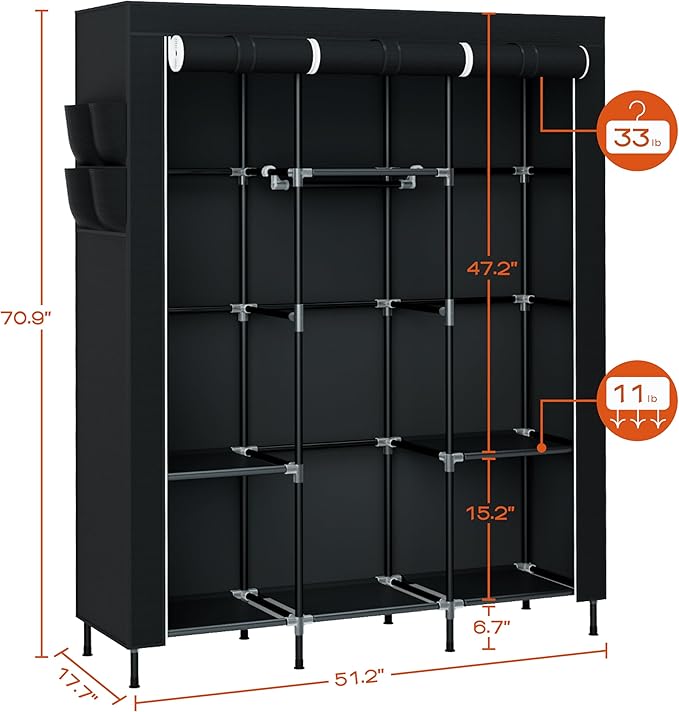 CASAMAYA Portable Closet, 51.2 Inch Large Capacity Wardrobe Closet with Cover, Clothes Storage Organizer with Shelves and 3 Hanging Rods, Easy to Assembly, Black PCT203B01