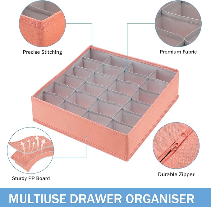 Foldable Storage Cubes Drawer Underwear Organizer Dividers， under Cabinet Organizer 24-Cell Fabric Storage Boxes for Lingerie,Socks,Ties （Orange）