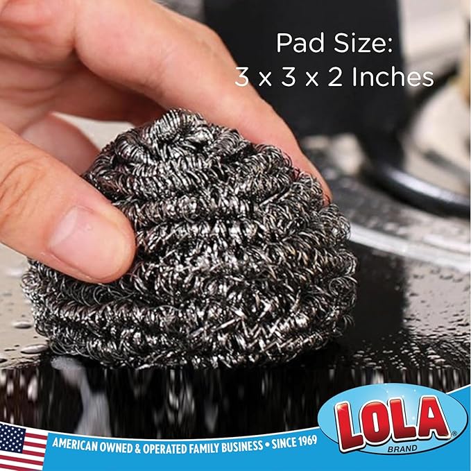 Stainless Steel Wool Scourer -Jumbo Sized- 12 Pack, 35 Grams, by LOLA, Curled Flat Wire, Cleans Caked On & Baked On Messes on Cookware