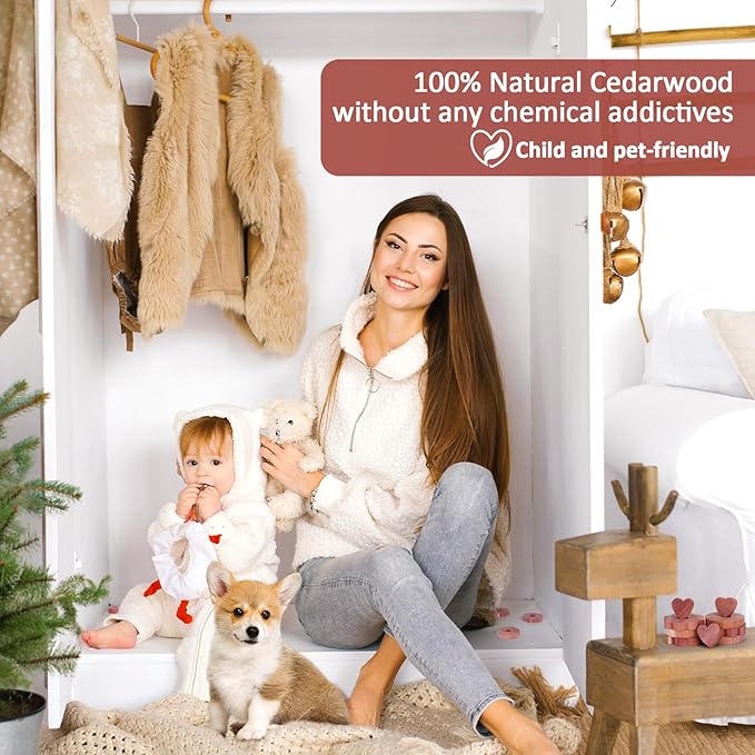Woodever 90 Pack Cedar Blocks for Clothes Storage, 100% Natural Aromatic Cedar Rings for Wardrobes and Drawers, 20 Rings 20 Garlands and 50 Hearts, with Sandpaper and Sachets