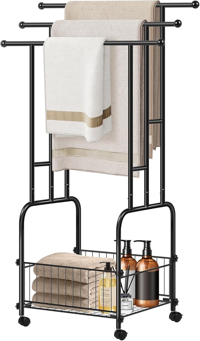 Freestanding Towel Rack for Bathroom, 3-Tier Durable Black Metal Stand with Wheels and Basket, Towel Drying Rack, Multi-Use Blanket Rack for Indoor/Outdoor Bathroom