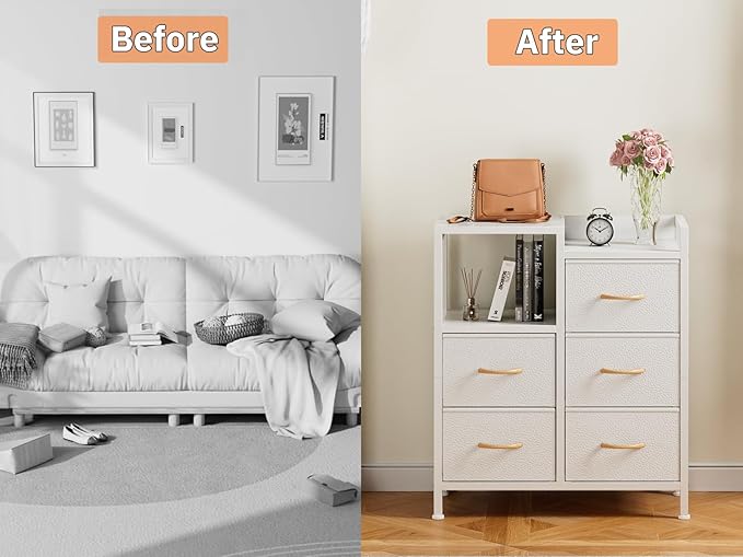 Furnulem 5 Drawer White Dressers for Bedroom 2 Tier Shelf Storage Small Fabric Dresser for Closet Sturdy Metal Frame Modern Style Storage Cabinets Organization Units for Hallway Rooms