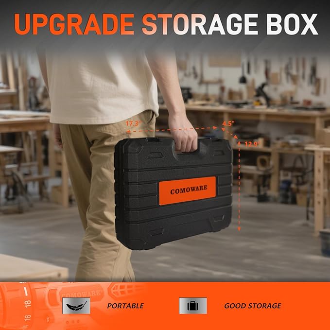 COMOWARE Household Tool Set with 12V Cordless Drill Driver, Hand Tool Kit for Men, Power Drill Set with Plastic Toolbox, Ideal for Office, Garden, DIY Project, Orange