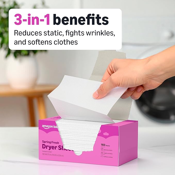Amazon Basics Dryer Sheets, Spring Fresh, Laundry Fabric Softener, 160 Count