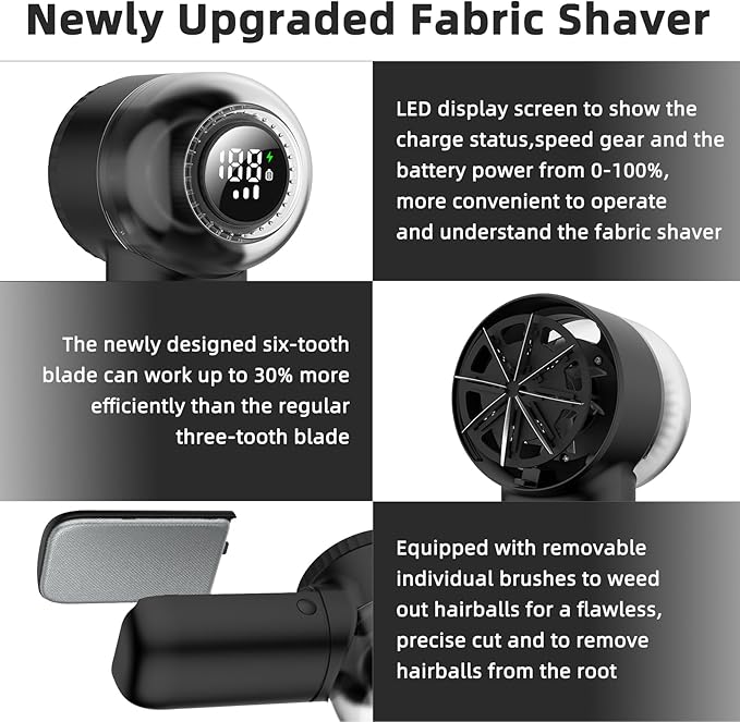Fabric Shaver Electric Lint Remover Rechargeable Sweater Shaver Dual Protection Removable Bin Easy Remove Fuzz Lint Pills Bobbles (Black)