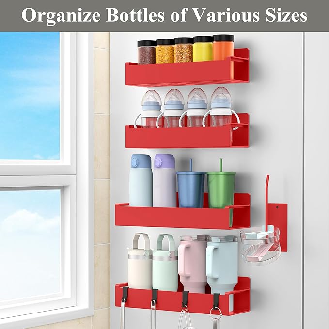 Magnetic Water Bottle Holder for Refrigerator, Cup Holder Organizer for Stanley and Tumbler for Kitchen, 4 Pack, Red