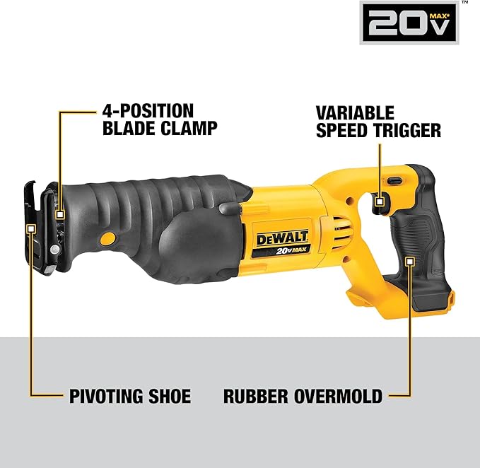 DEWALT 20V MAX Reciprocating Saw, 3,000 Strokes Per Minute, Variable Speed Trigger Cordless Saw, Tool Only (DCS380B)
