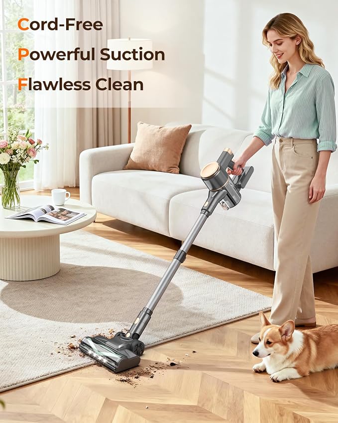 N8 Cordless Vacuum Cleaner,Lightweight Stick Vacuum with Powerful Suction,2200mAh Battery,40 Mins Runtime,Self-Standing,Rechargeable Vacuum Cleaners for Home Hardwood Floor Carpet Pet Hair (Gold)