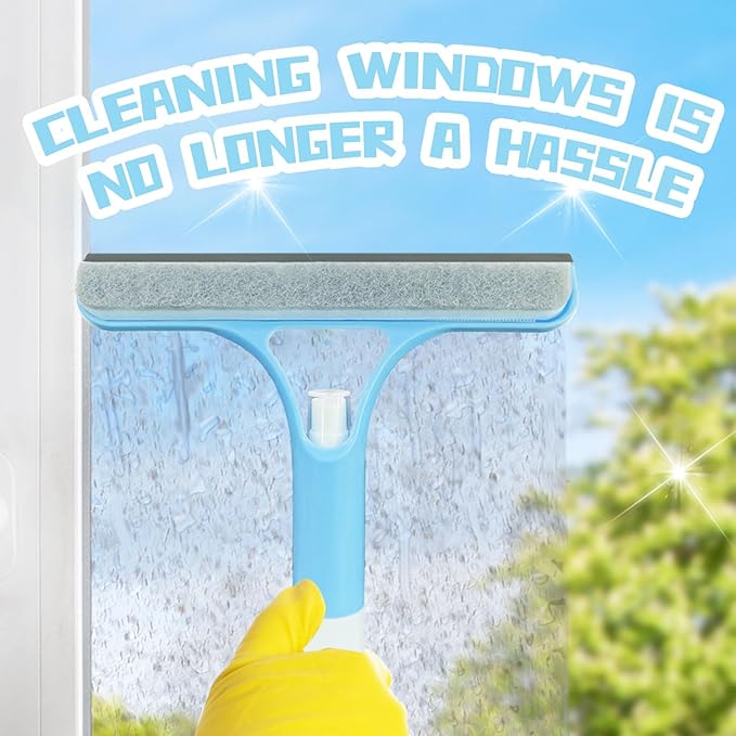 3 in 1 Window Cleaning Scraper,All-Purpose Spray Window Squeegee Cleaner Tool,for Glass Doors for Windows Glass, Mirrors Scraper, Brush (Blue)