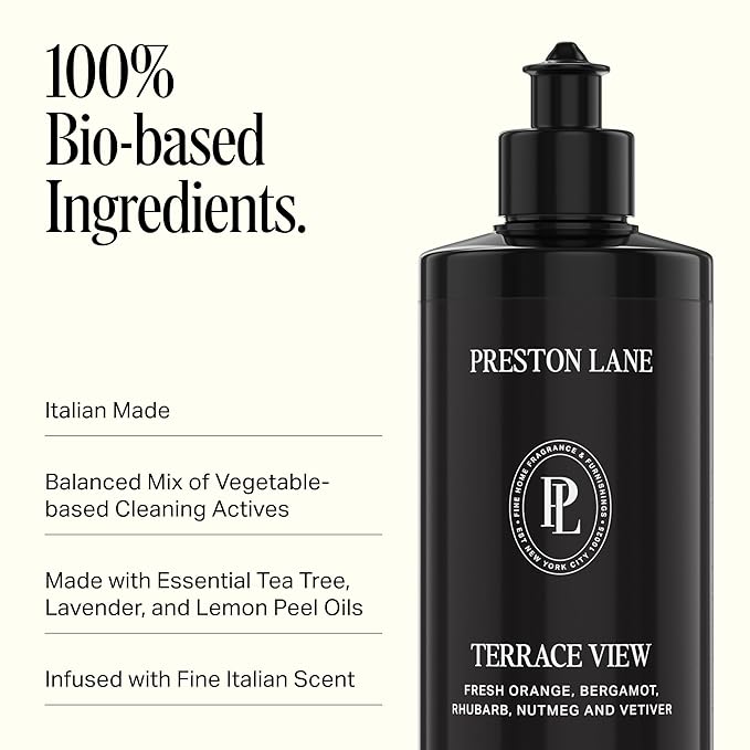 Preston Lane Luxury Dish Soap, Terrace View Scent – Plant-Powered Formula with Essential Oils | Tough on Grease, Gentle on Hands | Vegan, Cruelty-Free, Clean Ingredients
