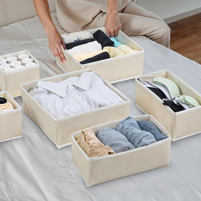 12 Pack Linen Drawer Organizer Set – Collapsible Fabric Storage Bins for Baby Clothes, Diapers, Socks, Bras & More (Beige, 3 Sizes)