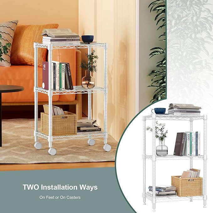 M MZG 3 Tier Shelf Metal Storage Shelves Wire Rack Closet Organizers with Wheel for Garage Kitchen Bathroom Laundry White 11.8" D x 17.7" W x 29.8" H