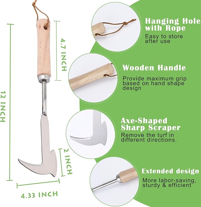 Crack Weeder, 12" Stainless Steel Crevice Weeding Tool with Wood Handle, Axe-Shaped Side-Walk Weed Puller Spatula, for Garden Lawn Yard Patio Terrace Paving Moss, Small Gardening Tool