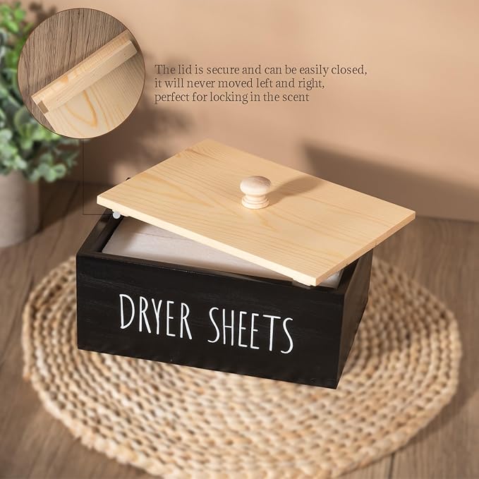zoocatia Laundry Room Decor Dryer Sheet Container Wood Detergent Dispenser Holder Organization and Storage Box with Lid for Dryer Balls, Laundry Pods, Black