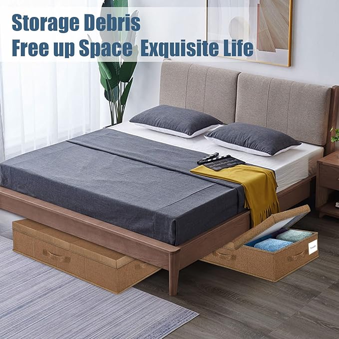 Supowin Underbed Storage Containers Bin with Lids (2pcs) Large Under Bed Storage Organizer Box with Handle, Foldable Under the Storage Bags for Organizing Clothes, Shoes, Blankets, Pillows-Dark brown