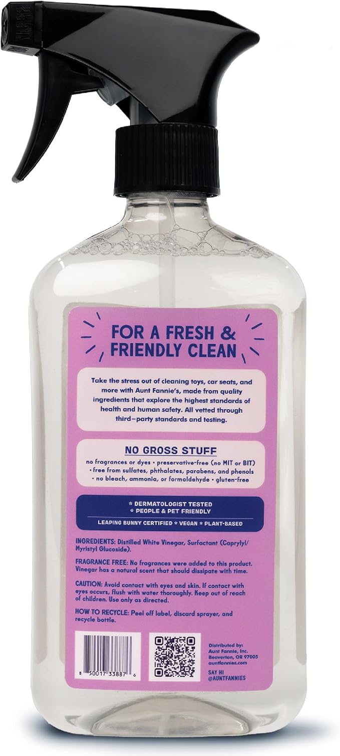 Aunt Fannie's Toy and Highchair Cleaner, Hypoallergenic, Multi-Purpose Spray Powered by Vinegar for Toys, High Chairs, Car Seats, Swings, Counters, and Other Hard Surfaces Fragrance Free, Pack of 6