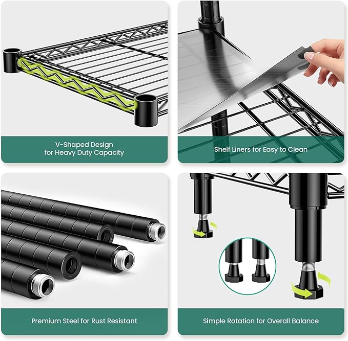 5-Tier Storage Shelves 72" H Wire Shelving, Adjustable Metal Shelving Pantry Shelves, 1325LBS Heavy Duty Rack with Shelf Liners for Garage Commercial Kitchen, 36" W x 14" D x 72" H, Black
