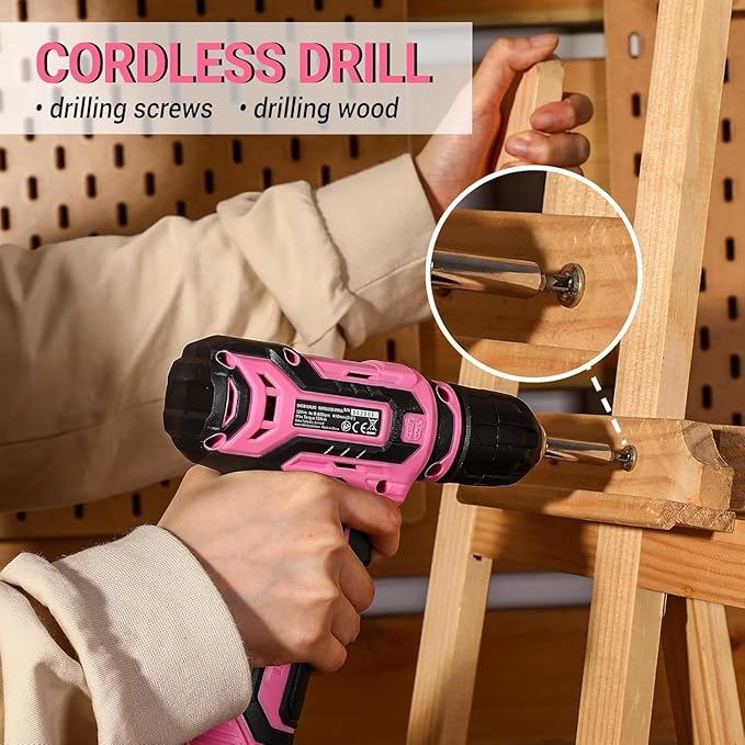 Pink Drill Tool Set Kit DEKOPRO Power Cordless Drill Tool Box with 12V Electric Pink Drill Driver Set for Women Home Hand Repair Tools Sets Drills Case