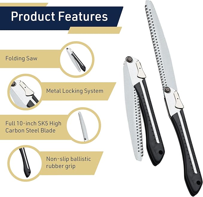 Folding Hand Saw for Wood Cutting, Camping, or Landscaping - 10” Japanese Folding Pruning Saw Tree Trimmer Branch Cutter with Razor Teeth and SK5 Steel Blade for Gardening by Kings County Tools