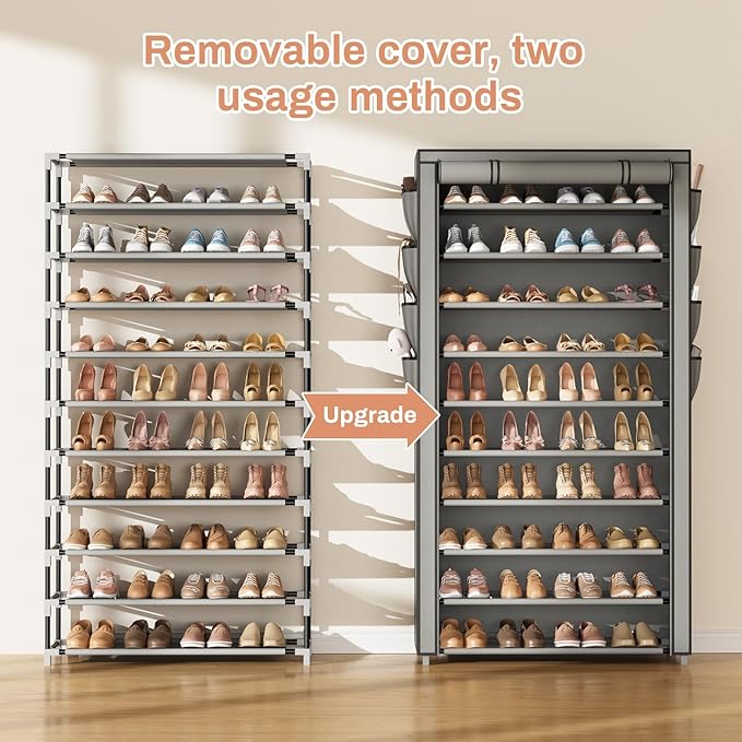 VTRIN Tall Shoe Rack with Cover, 10 Tier Shoe Organizer Storage for 50-55 Pairs Shoes and Boots Large Capacity Shoe Shelf with 8 Pockets Free Standing Shoe Rack for Closet, Entryway, Garage, Grey