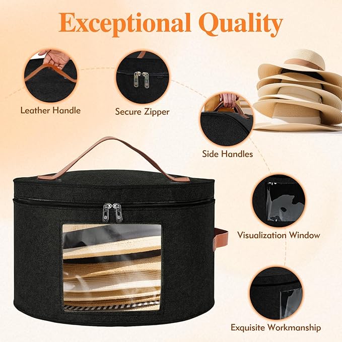 Kovpnor Round Hat Box, Stackable Felt Hat Boxes for Women Storage, Foldable Premium Hat Travel Case with Dustproof Lid, Space Saving Hat Organizer(Black)