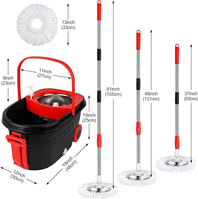 Spin Mop and Bucket with Wringer Set on Wheels, 360° Spinning Mop Bucket System with 3 Microfiber Mop Replacement Heads and 61" Stainless Steel Adjustable Handle for Floor Cleaning (25QT)