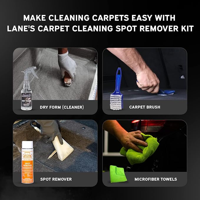LANE'S Carpet Cleaning & Spot Remover Kit - 16oz Dry Foam, Spot Remover, Carpet Brush, Microfiber Towels, No Water is Needed, Safe and Easy to Use