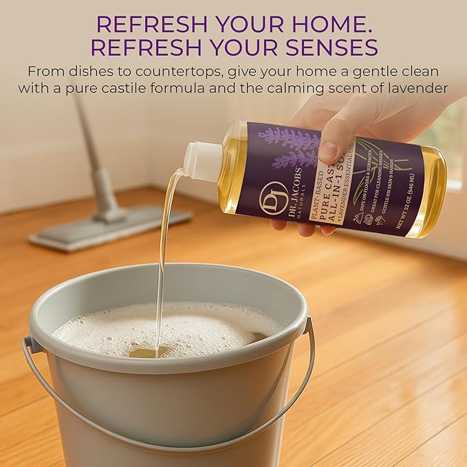 Dr. Jacobs Naturals Lavender Castile All-in-One Cleaner and Soap - Plant-Based Formula for House Cleaning Floors and Appliances - Gentle on Skin and the Planet - 32 oz, 1 Pack