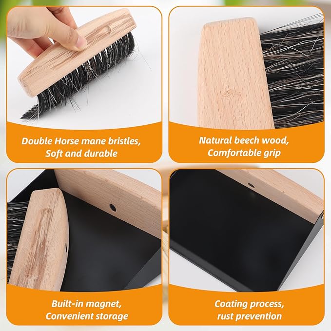 Small Dustpan and Brush Set with Wooden Handle,Mini Metal Crumb Sweeper for Countertops,Desk,Pet Hair,Car,Portable Cleaning Tools for Kitchen,Camping,Sofa (Black)