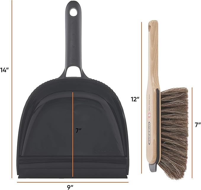 Superio Handheld Comfort Grip Plastic Dustpan and Wooden Brush Set - Hand Broom with Swiss Natural Horsehair Bristles Compact Design, 2-Pack