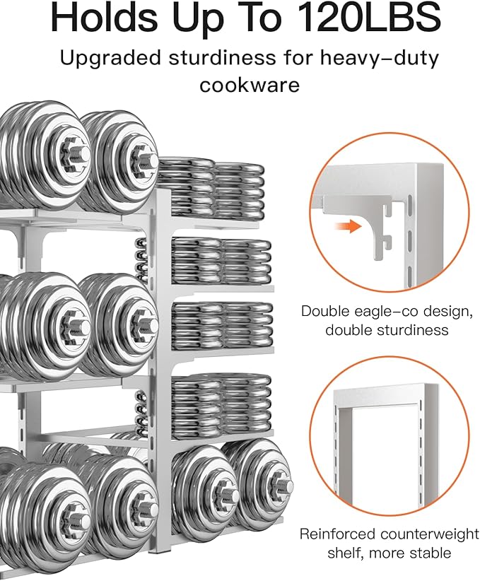 ORDORA 8-Tier Pots and Pans Organizer under Cabinet, Kitchen Cabinet Organizers and Storage, Heavy Duty 120LBS Pots and Pan Storage Rack Organizer inside Cabinet, Adjustable, Silver