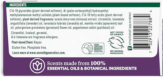 Seventh Generation Dryer Sheets Fabric Softener Fresh Lavender Scent with 100% Essential Oils and Botanical Ingredients 80 Sheets,(Pack of 8)