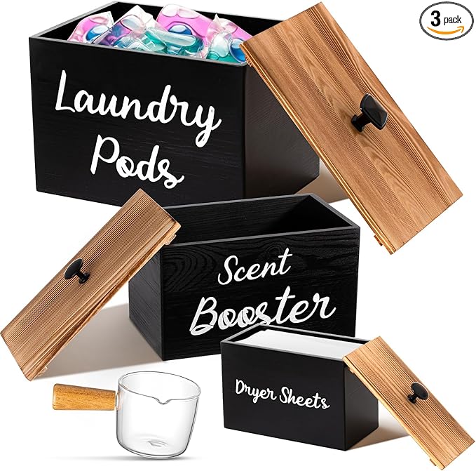 Dandat 3 Pcs Dryer Sheet Holder Laundry Pod Holder Scent Booster Container Set with Scoop Rustic Wood Dryer Sheet Container Laundry Beads Dispenser for Storage(Black)