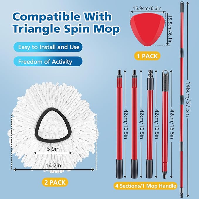 Spin Mop Replacement Head Spin Mop Refills Compatible with O Ceda EasyWring 1-Tank System, 2 Microfiber Spin Mop Head, 1 Triangle Mop Base Head and 4-Section Iron Mop Handle 30-58in for 1 Tank System
