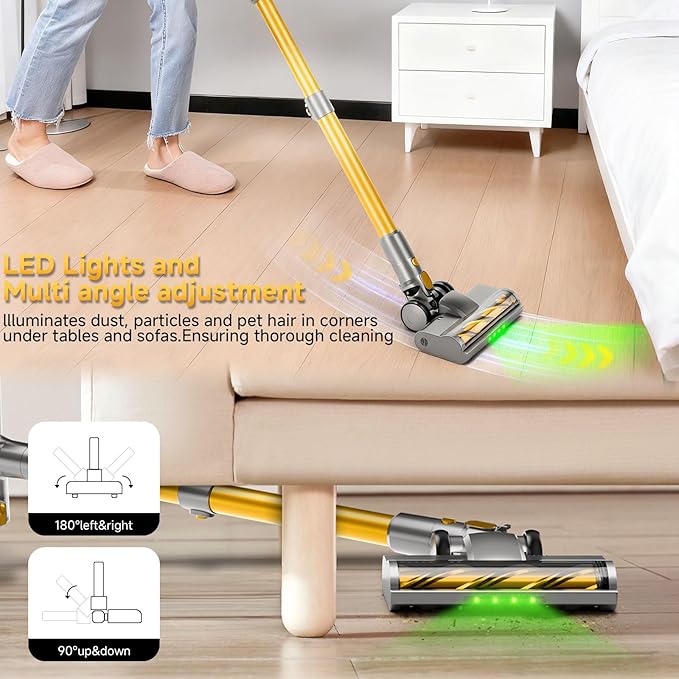 Shieal Cordless Stick Vacuum Cleaner - 45KPA Powerful Suction Vacuum with 45 Min Runtime, Detachable Battery, Anti-Tangle & 1.5L Dust Cup, 8 in 1 Vacuum Cleaner for Pet Hair, Carpet, HardFloor, Yellow