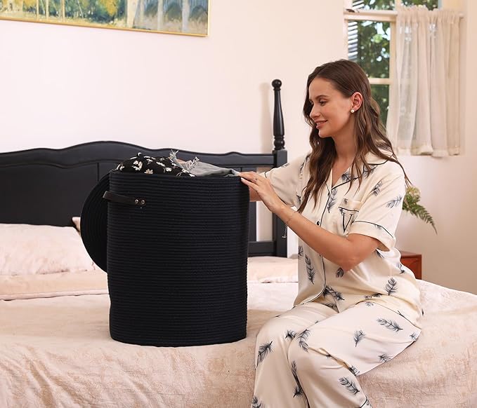 Cottonphant Extra Large Cotton Rope Storage Basket with Lid and Zipper, Versatile Laundry Hamper and Cloth Bin for Clothes, Towels, Blankets, Living Room Organization (All Deep Blue, 16"x20")